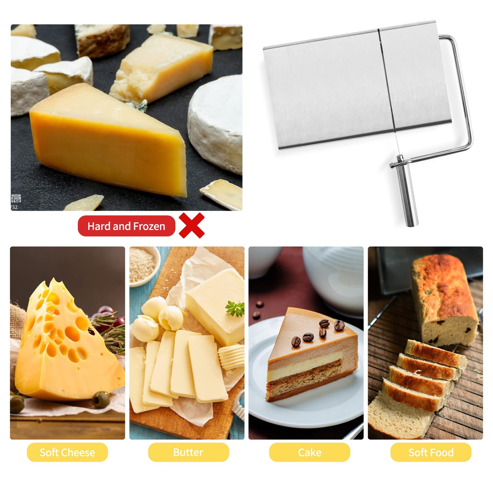 Cheese cutter with wire, cheese cutter for block cheese with 6 replacement wires, stainless steel cheese cutter