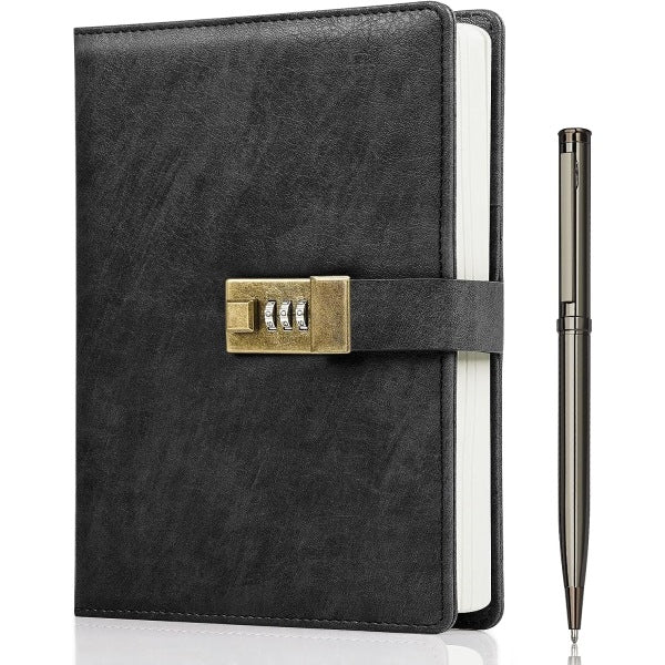 Diary with Lock, A5 PU Leather Journal with Lock, 240 Pages, Vintage Lock Journal Password Protected Notebook with Pen and Gift Box, 21.8 x 14.7 cm