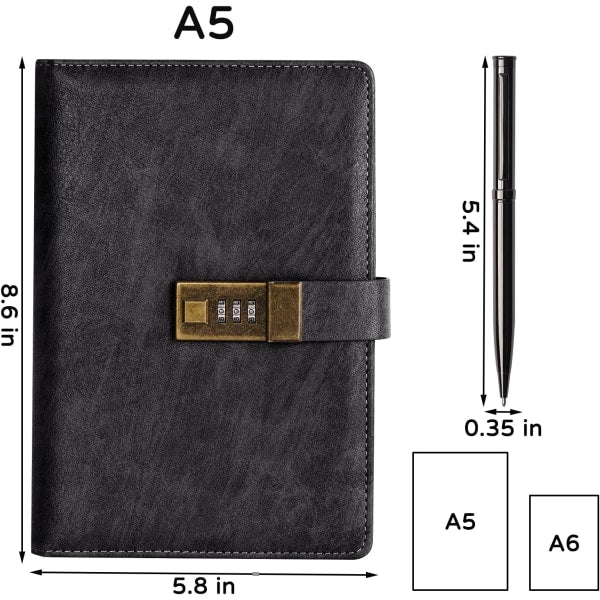 Diary with Lock, A5 PU Leather Journal with Lock, 240 Pages, Vintage Lock Journal Password Protected Notebook with Pen and Gift Box, 21.8 x 14.7 cm