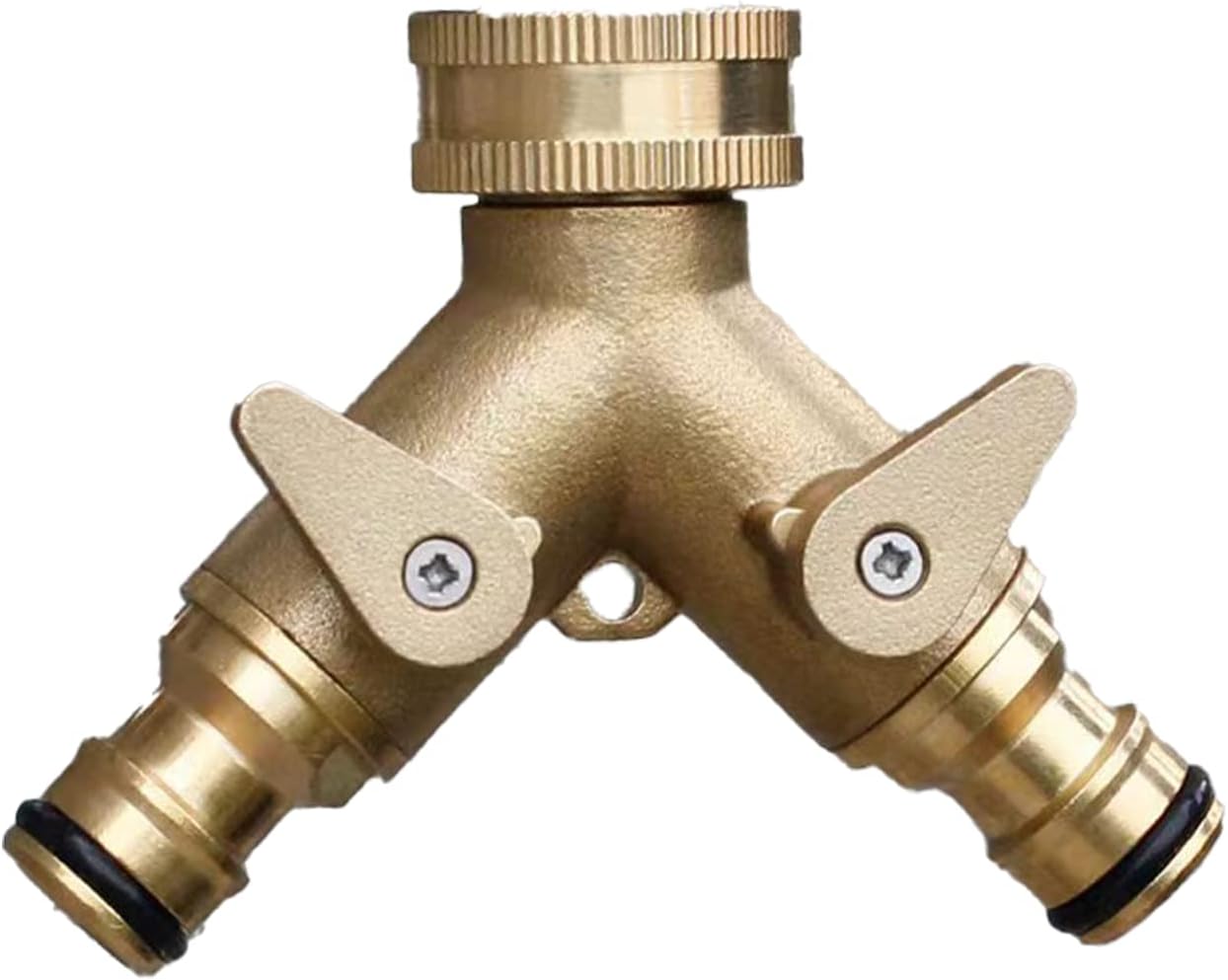 2-way brass tap connector, with single valves, yellow