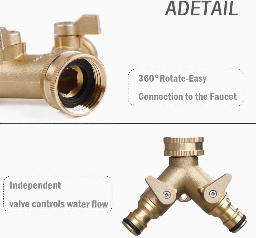 2-way brass tap connector, with single valves, yellow