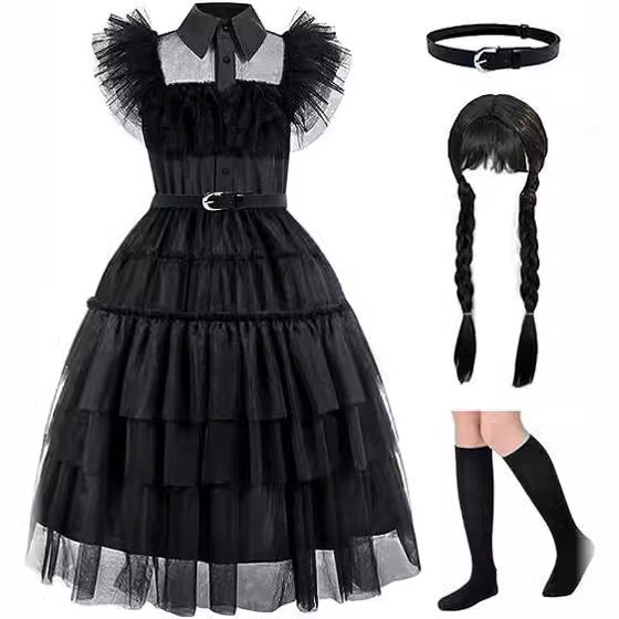 Wednesday Cosplay Dress for Girls, 4-Piece Set with Lace Details and Puff Sleeves, Size 120