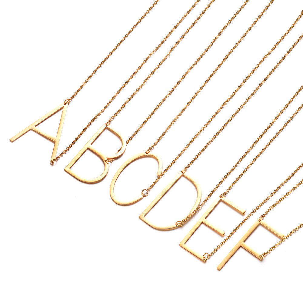 Gold Side Block Shaped Initial Letter Necklace for Women Stainless Steel English Letter AA