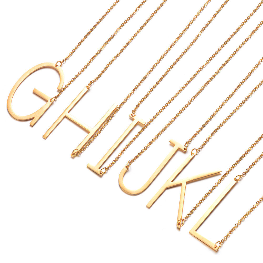 Gold Side Block Shaped Initial Letter Necklace for Women Stainless Steel English Letter AA