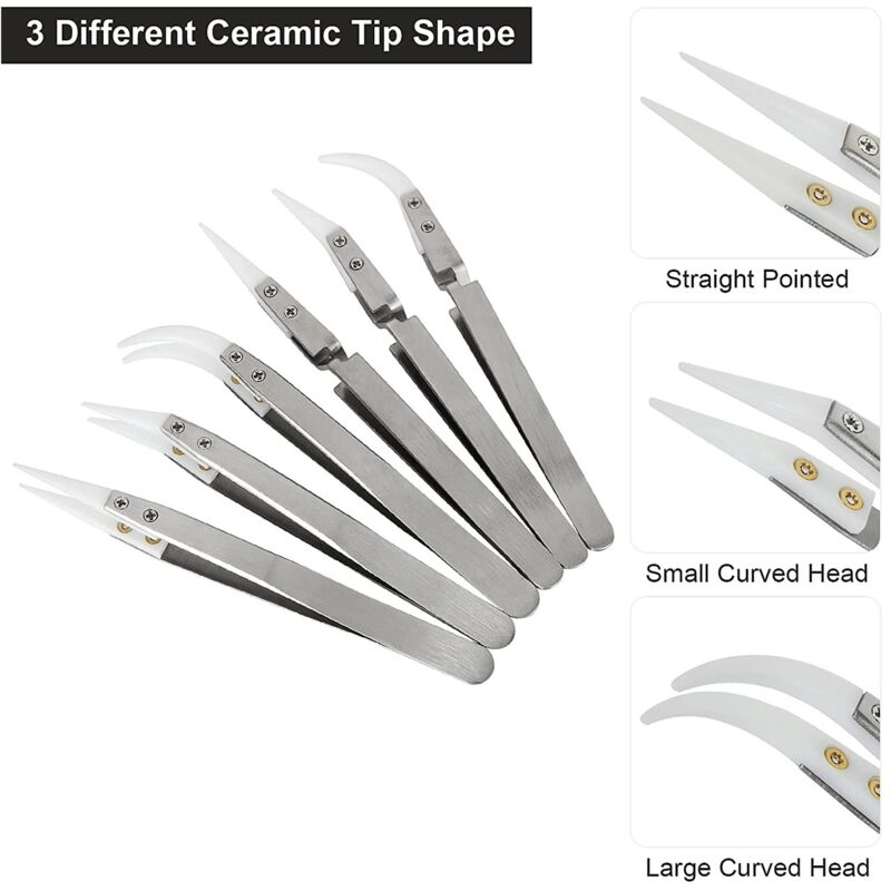 Precision Ceramic Inverted Soldering Tweezers 6pcs Non-conductive Antimagnetic with Pointed Curved Tips