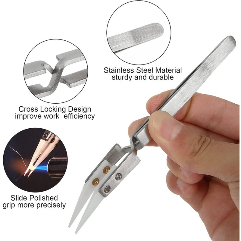 Precision Ceramic Inverted Soldering Tweezers 6pcs Non-conductive Antimagnetic with Pointed Curved Tips