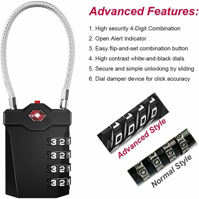 TSA Lock 4-Digit Combination Luggage Suitcase Alarm Anti-Theft Code with Opening Alarm Black 1 Piece