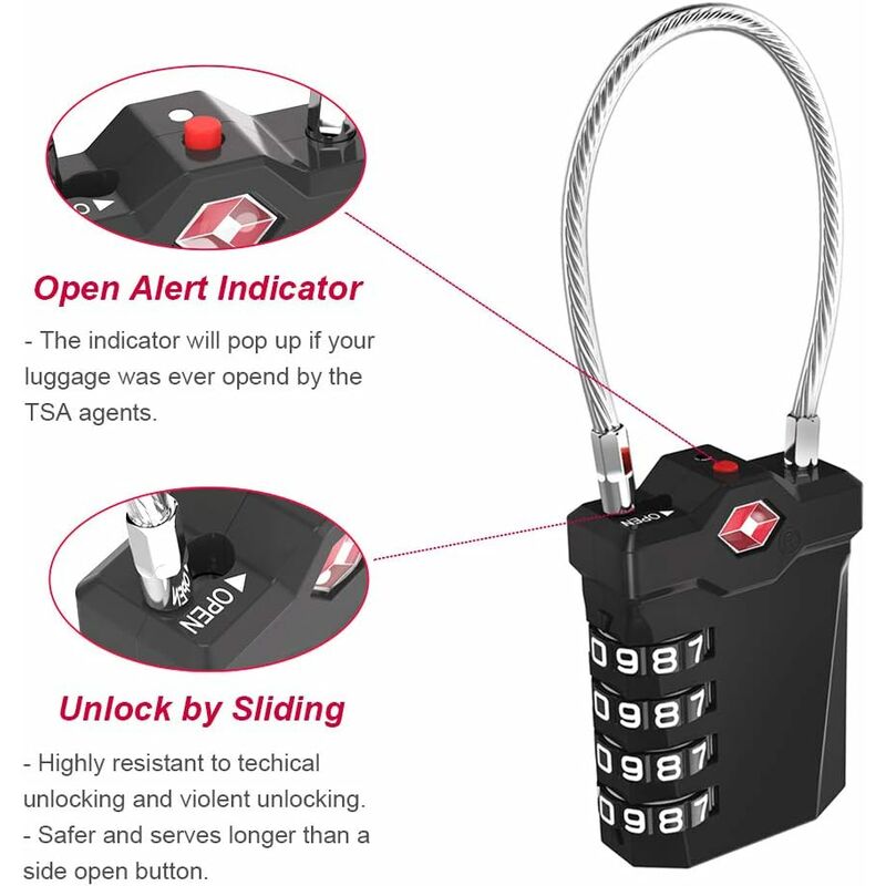 TSA Lock 4-Digit Combination Luggage Suitcase Alarm Anti-Theft Code with Opening Alarm Black 1 Piece