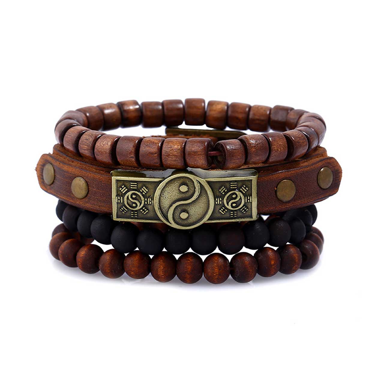 Brown Leather Bracelets with Wooden Beads for Men, 4-Pack - Compatible with iPhone