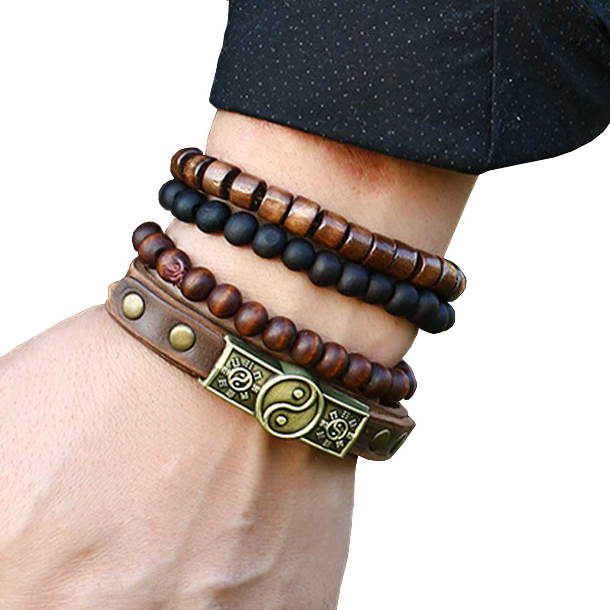 Brown Leather Bracelets with Wooden Beads for Men, 4-Pack - Compatible with iPhone