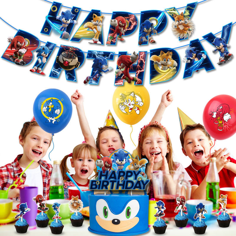 Sonic Birthday Theme Party Decoration Cartoon Accordion Flag Insert Balloon Set D