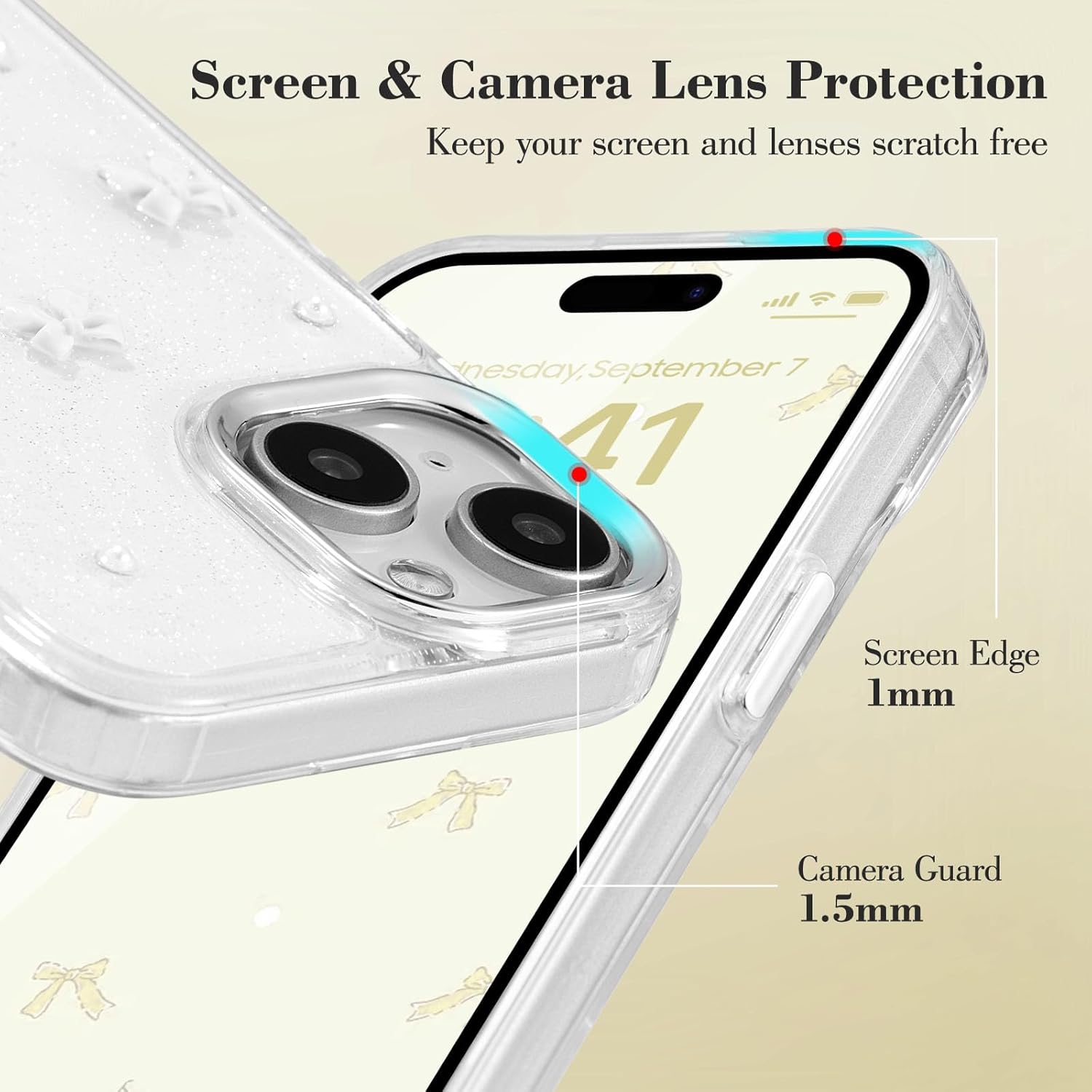 iPhone 15 Plus Case, Bling Glitter 3D Bowknot Protective Cover, Crystal Clear Sparkly White Slim Soft Durable Case Compatible with iPhone 15 Plus