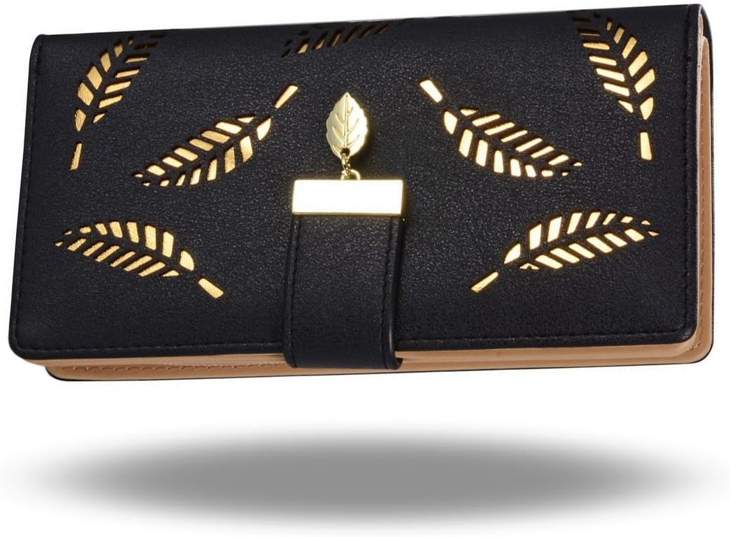 Women's Large Capacity Long Wallet Hollow Leaf Design Black