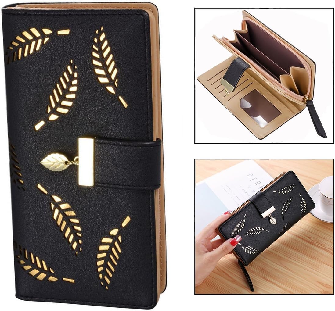 Women's Large Capacity Long Wallet Hollow Leaf Design Black