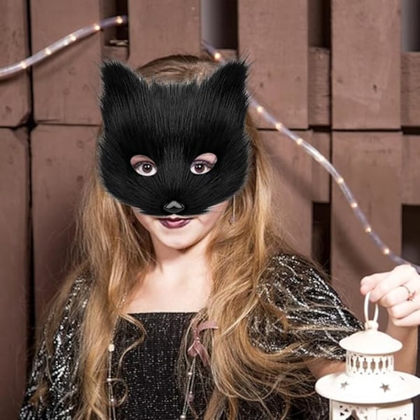 Fox Tail and Ears Cosplay Set, White Plush Mask with Cat Ears, Tail, and Paw Gloves for Halloween