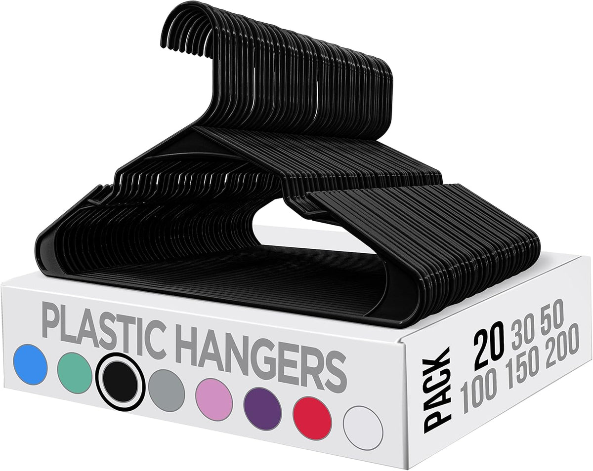 Plastic Clothes Hangers 20 Pack Space Saving Durable with Shoulder Groove Black