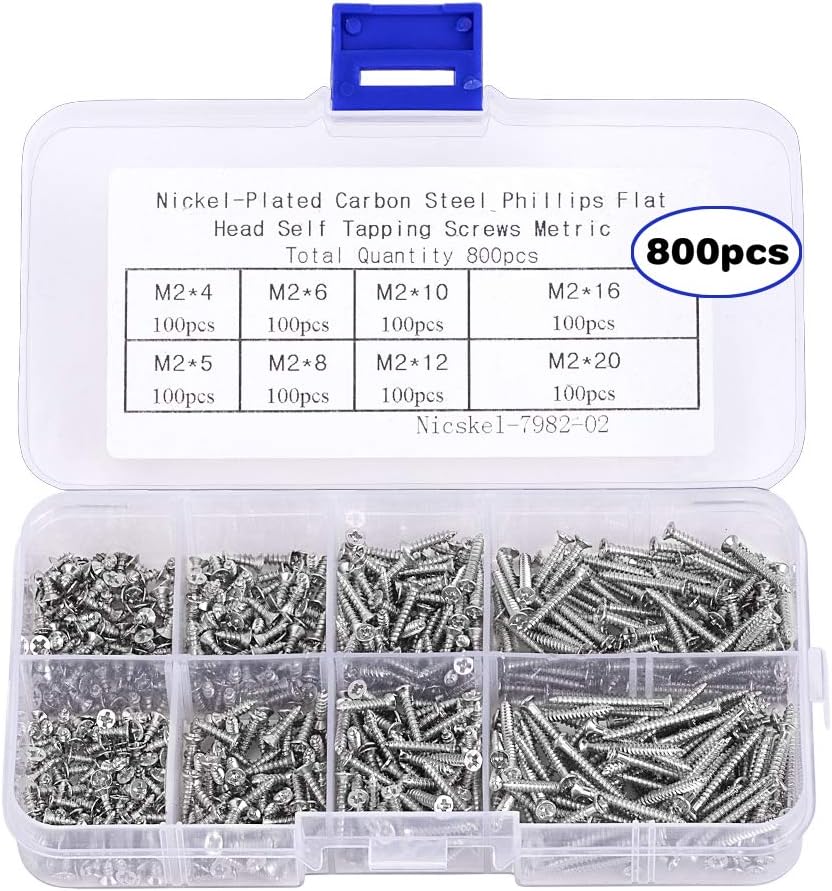 800pcs Small M2 Self Tapping Screws Assortment Box, Countersunk Phillips Flat Head Wood Screws (M2-4mm 5mm 6mm 8mm 10mm 12mm 16mm 20mm)