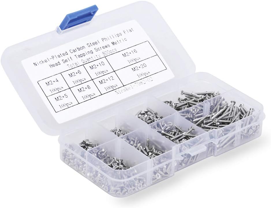 800pcs Small M2 Self Tapping Screws Assortment Box, Countersunk Phillips Flat Head Wood Screws (M2-4mm 5mm 6mm 8mm 10mm 12mm 16mm 20mm)