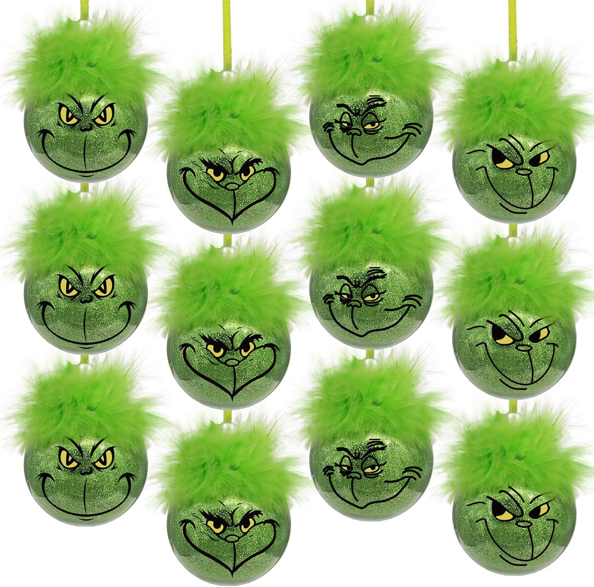 Grinch Christmas Baubles 12 Pcs Fluffy Green Hair Glitter Tree Ornaments Indoor Decor