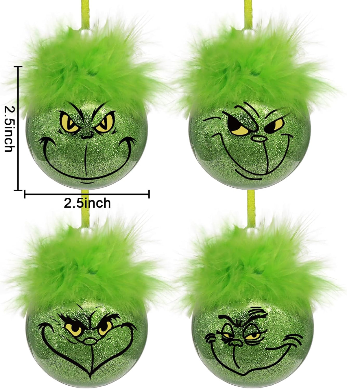 Grinch Christmas Baubles 12 Pcs Fluffy Green Hair Glitter Tree Ornaments Indoor Decor