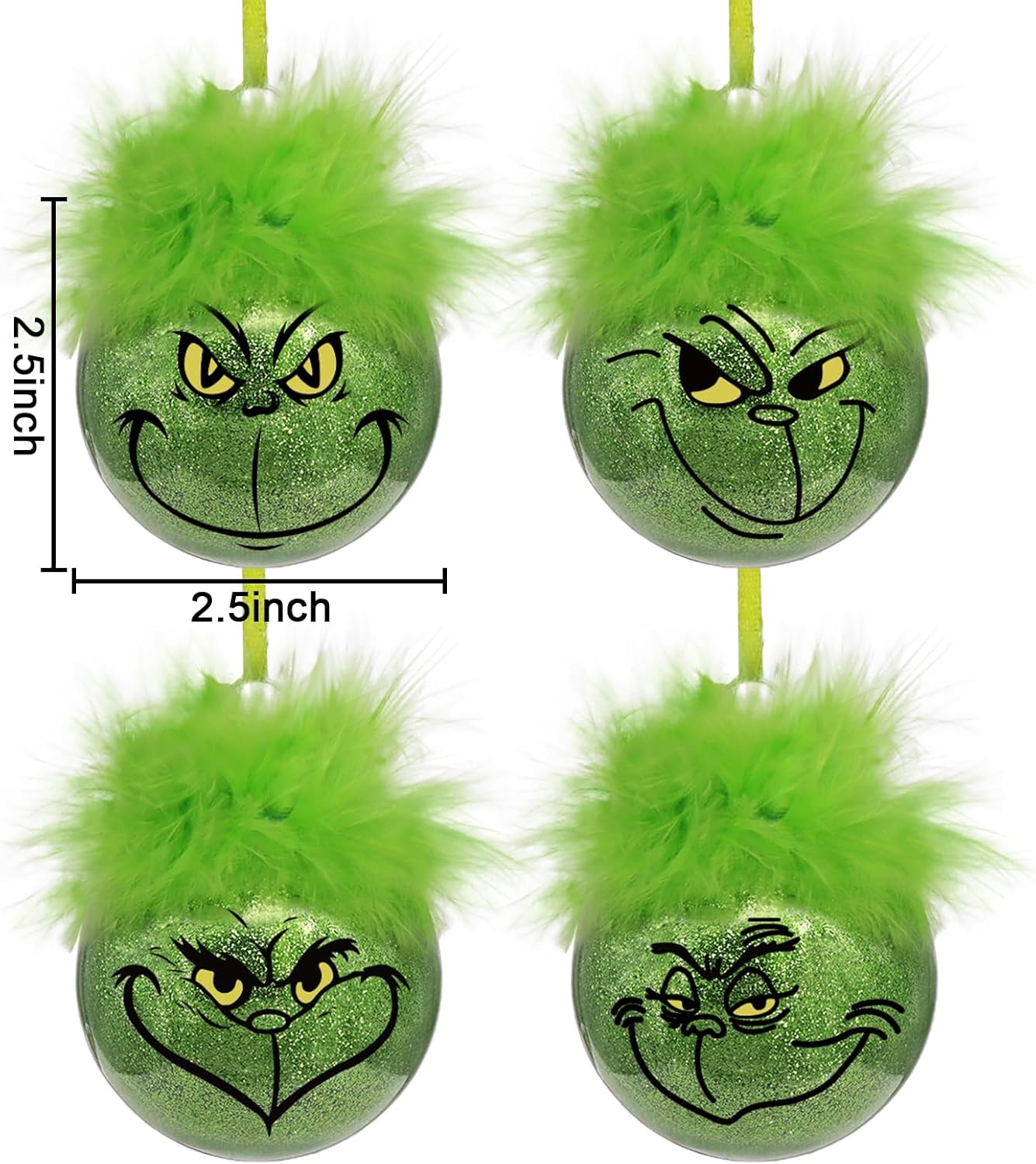 Grinch Christmas Baubles 12 Pcs Fluffy Green Hair Glitter Tree Ornaments Indoor Decor