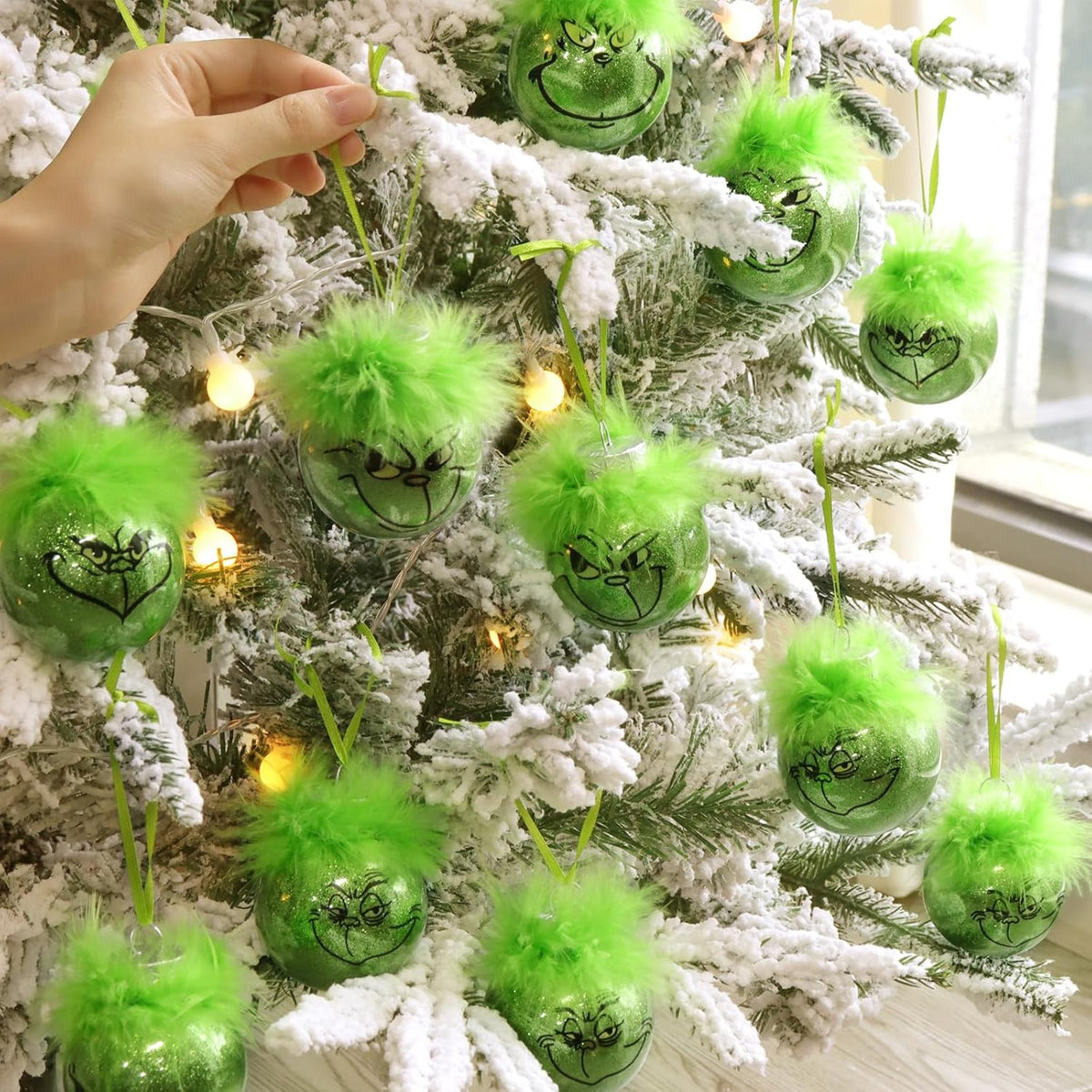 Grinch Christmas Baubles 12 Pcs Fluffy Green Hair Glitter Tree Ornaments Indoor Decor