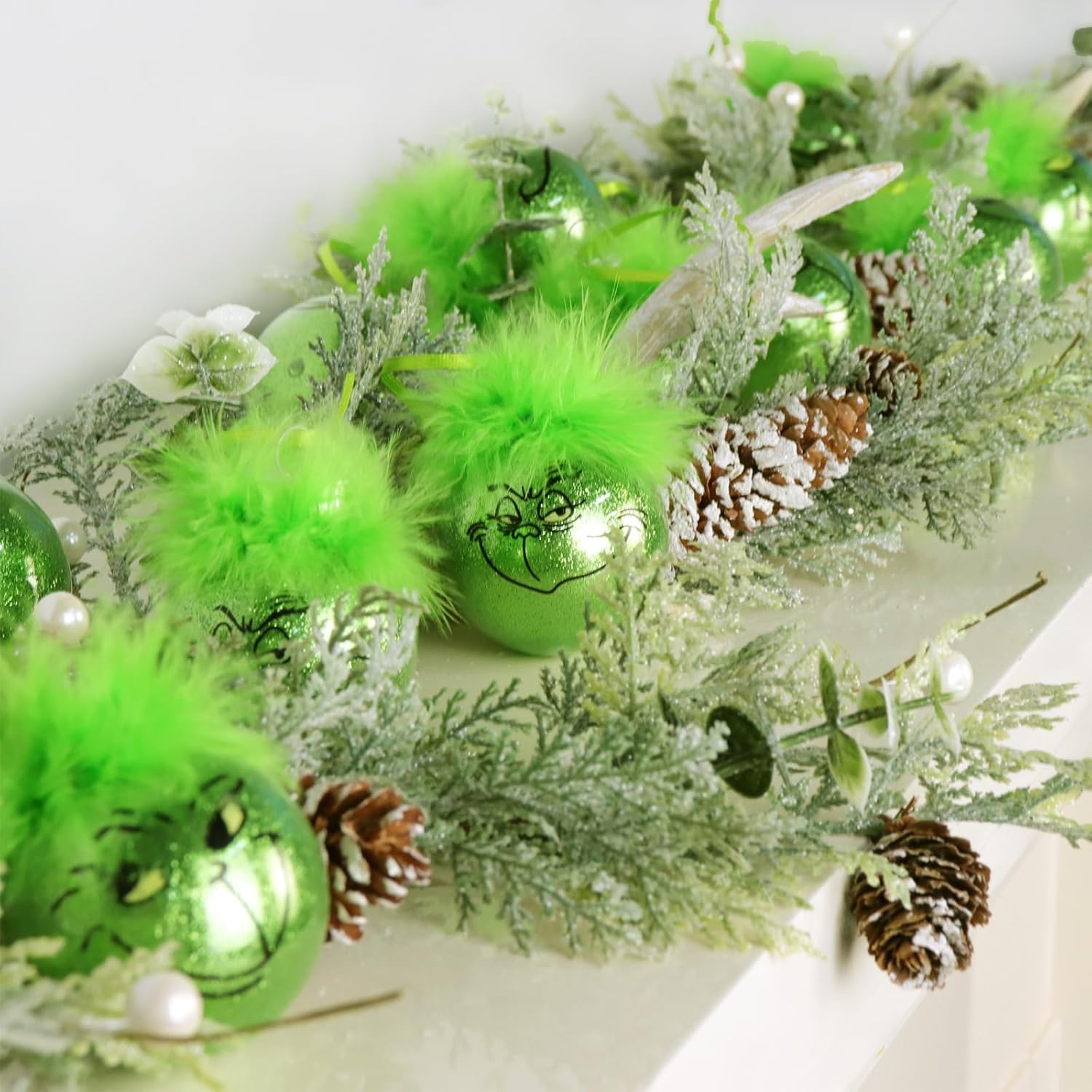 Grinch Christmas Baubles 12 Pcs Fluffy Green Hair Glitter Tree Ornaments Indoor Decor