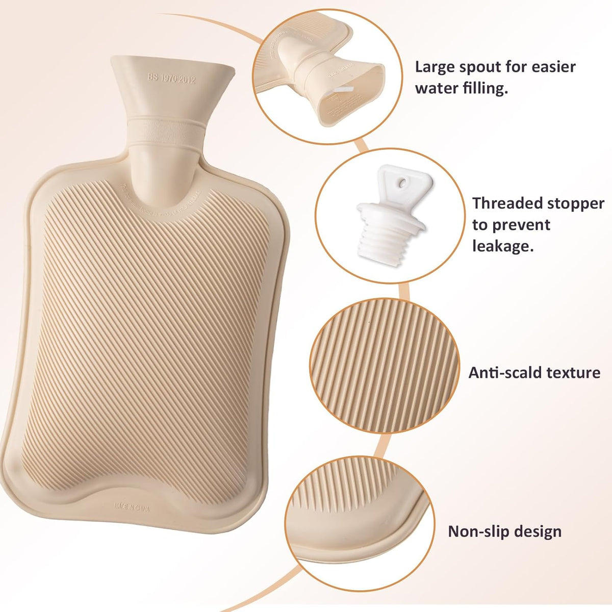 Hot Water Bottle Foot Warmer 2L Natural Rubber Leak-Proof Screw Cap Removable Washable Cover