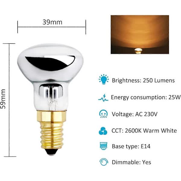 E14 R39 25W Dimmable Warm White 2600K Incandescent Bulb 250LM Small Reflector Bulbs Compatible with Heating Bubble Lamp Rocket Lamp Glitter Lamp