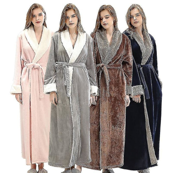 Women's Fleece Bathrobe Dressing Gown Long Warm Soft Robe Coffee Color XL Size