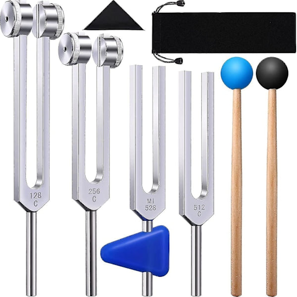 Tuning Forks Set 4 Pack 128Hz 256Hz 512Hz 528Hz with Hammer for Sound Healing Vibration Therapy