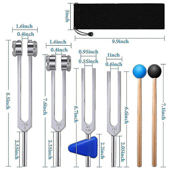 Tuning Forks Set 4 Pack 128Hz 256Hz 512Hz 528Hz with Hammer for Sound Healing Vibration Therapy