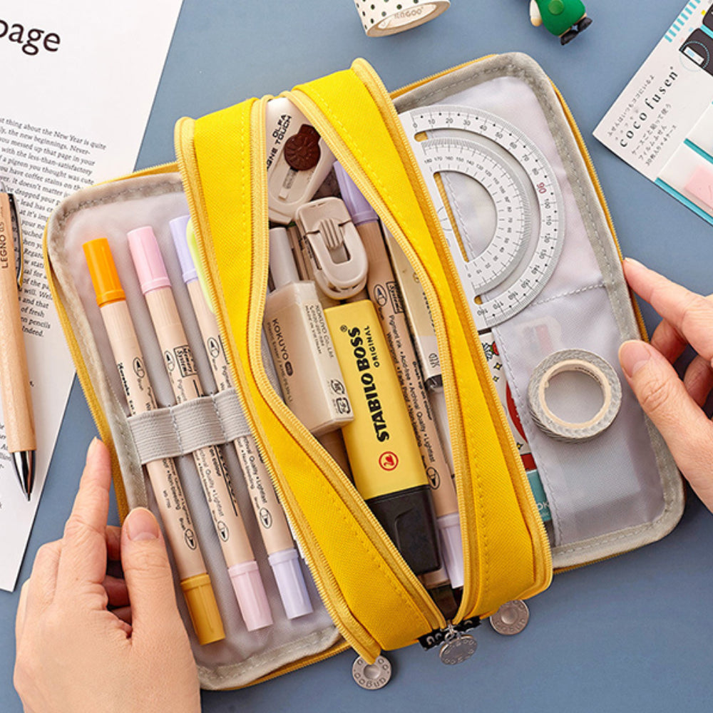 Large Capacity Pencil Case, 3 Compartments, Bag, School Pink