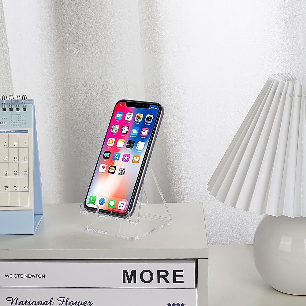 Fancial Acrylic Cell Phone Stand, Portable Phone Holder, Clear Phone Stand for Desk, Compatible with iPhone 15 14 13 12 Pro Max Mini 11 Xr Plus SE, Android Smartphone, Pad, Tablet, Desk Accessories