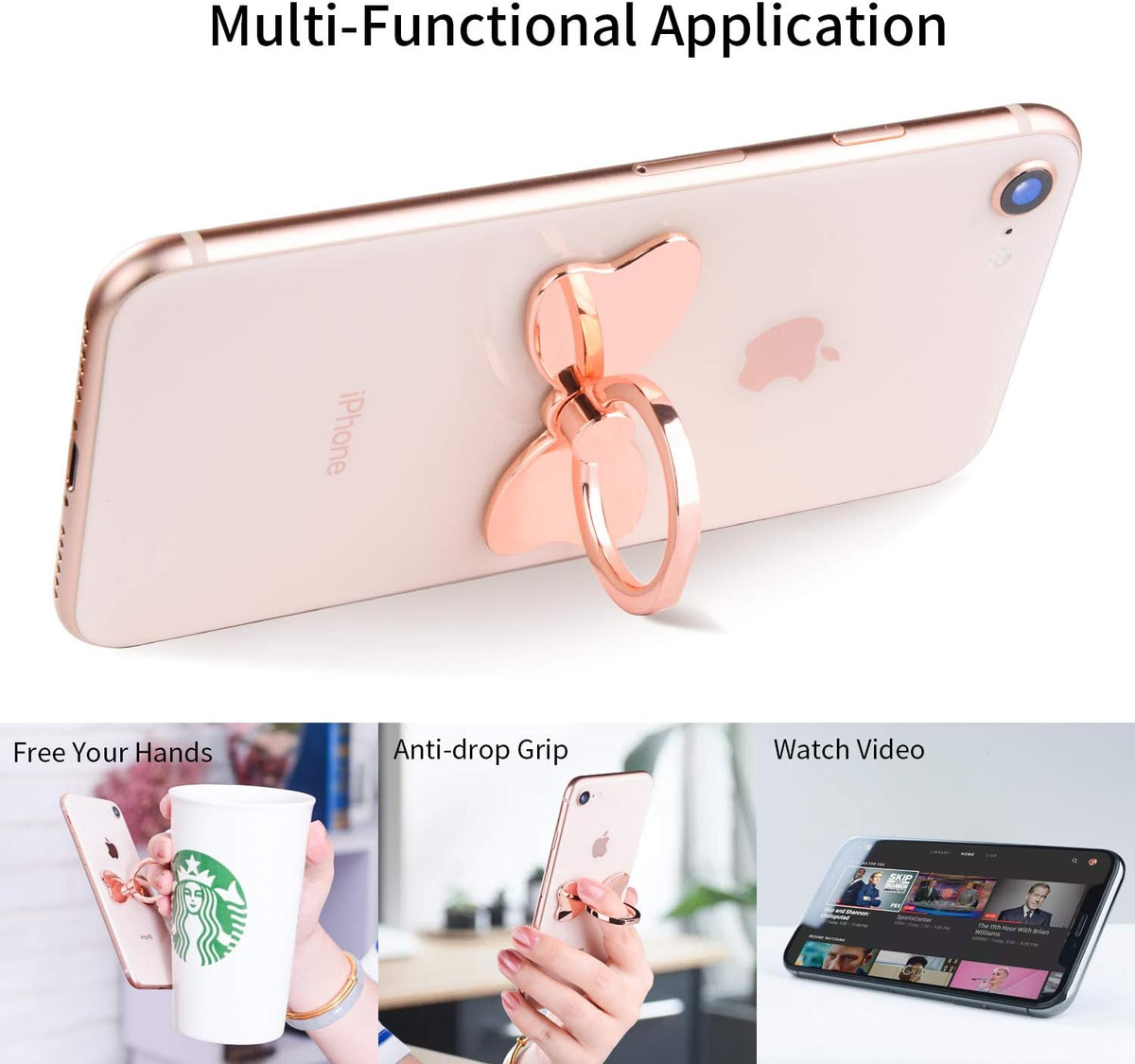 Metal Cell Phone Finger Ring Stability Holder Back Stand Collapsible Hand Grip Knob Loop Car Mount Hook Kickstand 360 for iPhone Samsung Galaxy Mobile Cute Accessories (Rose Gold)