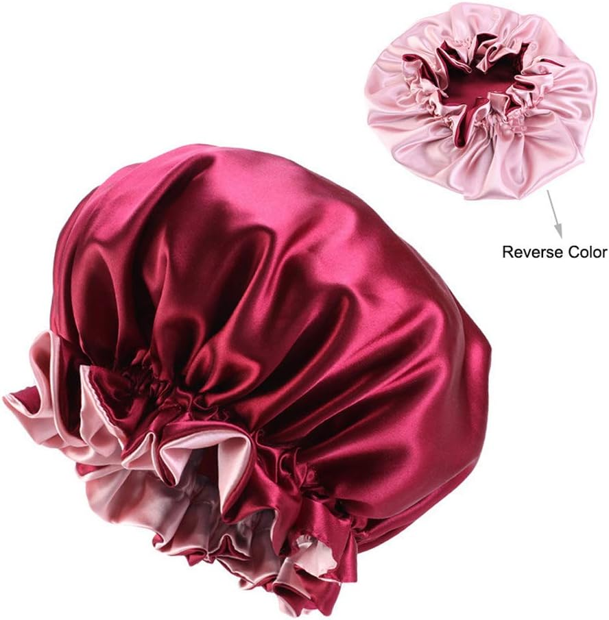 Solid Color Silky Satin Bonnet Cap,Bonnets for Women,Silky Bonnet for Curly Hair,Women Hair Wrap for Sleeping,Double Layers Wine Red