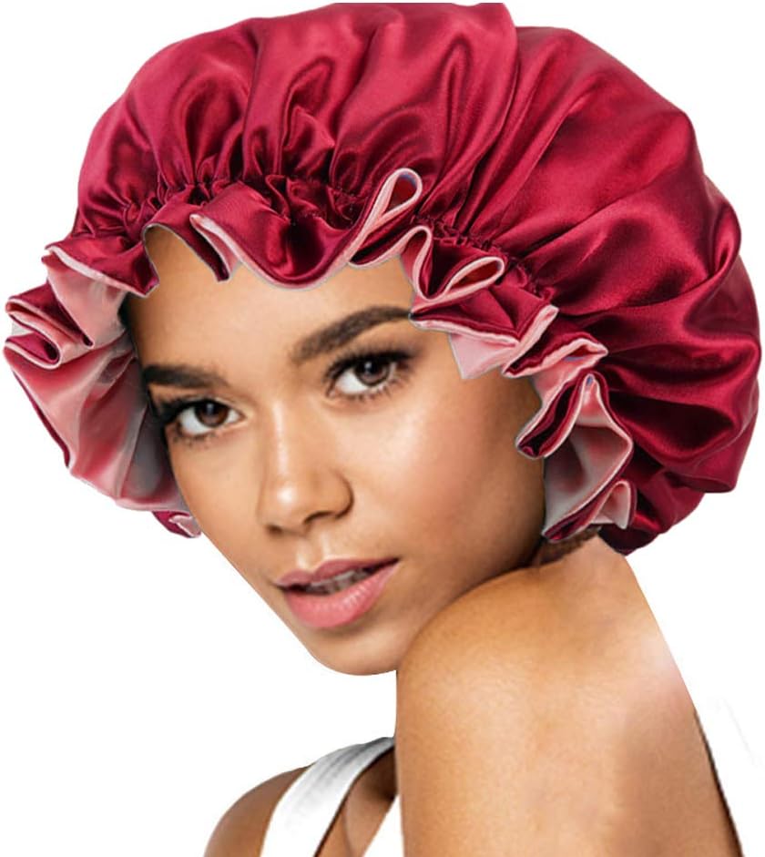 Solid Color Silky Satin Bonnet Cap,Bonnets for Women,Silky Bonnet for Curly Hair,Women Hair Wrap for Sleeping,Double Layers Wine Red