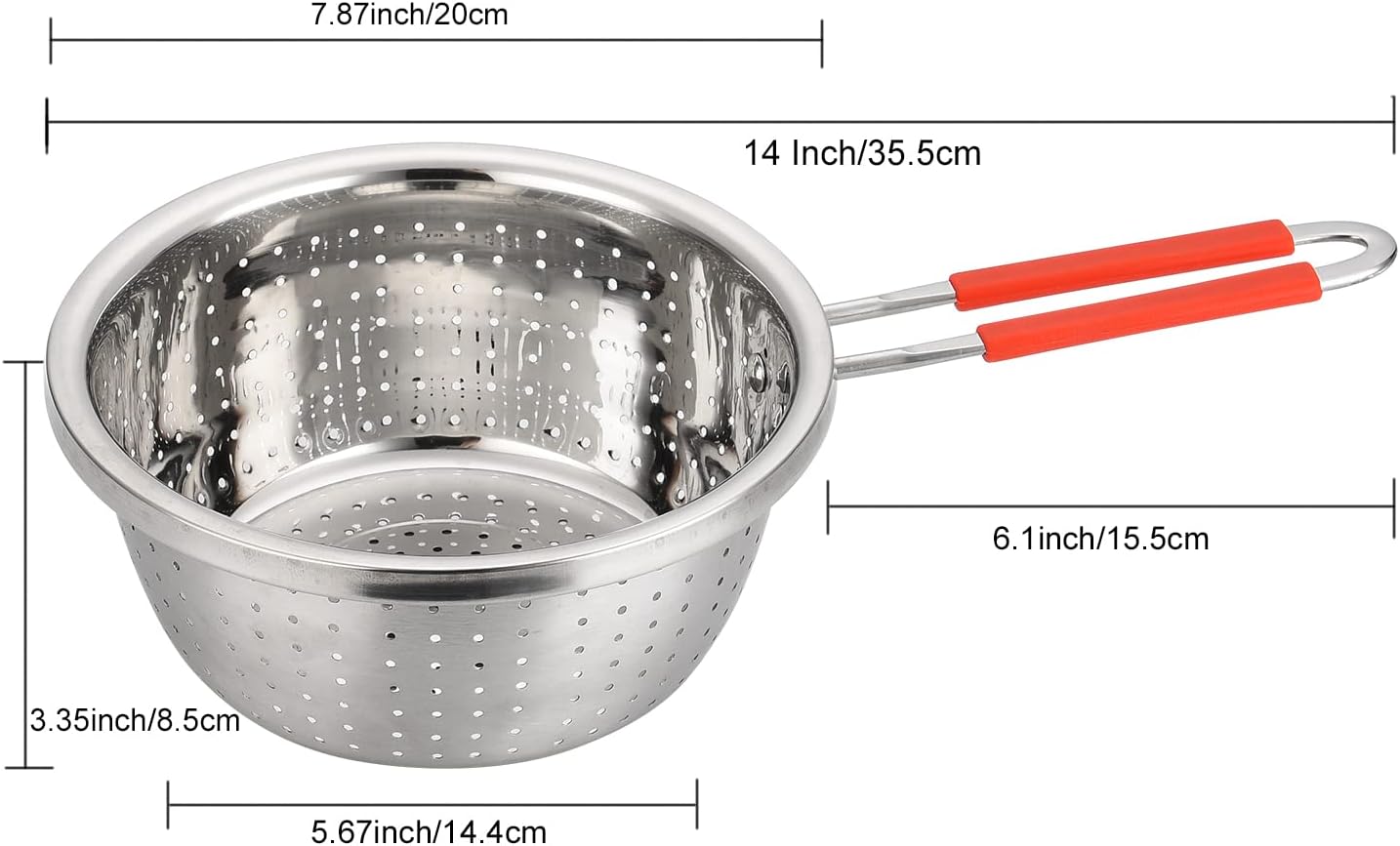 Stainless Steel Perforated Metal Colander Strainer with Long Red Handle Sieve Sifters Use for Kitchen Food Pasta Noodles Spaghetti Vegetables Silver - 7.9inch