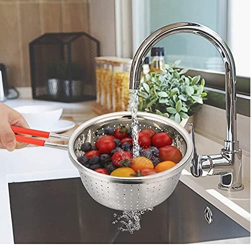 Stainless Steel Perforated Metal Colander Strainer with Long Red Handle Sieve Sifters Use for Kitchen Food Pasta Noodles Spaghetti Vegetables Silver - 7.9inch