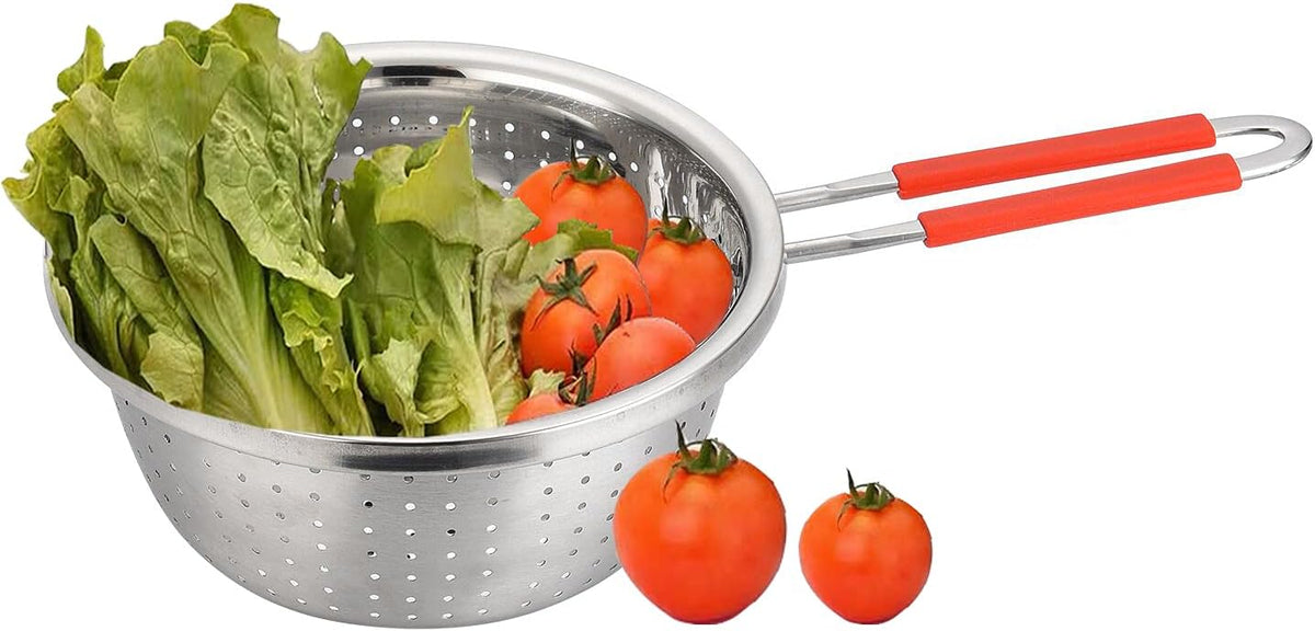 Stainless Steel Perforated Metal Colander Strainer with Long Red Handle Sieve Sifters Use for Kitchen Food Pasta Noodles Spaghetti Vegetables Silver - 7.9inch