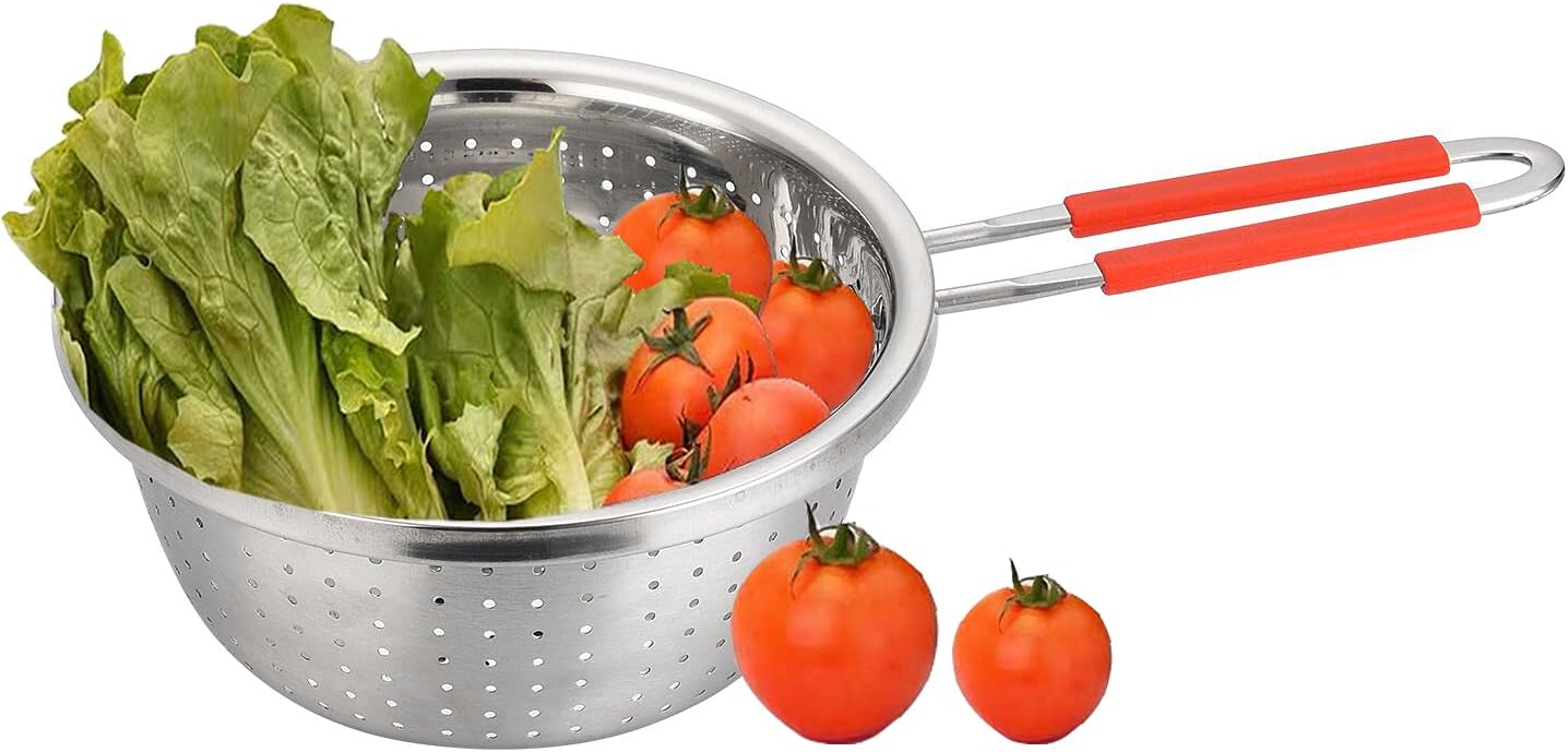 Stainless Steel Perforated Metal Colander Strainer with Long Red Handle Sieve Sifters Use for Kitchen Food Pasta Noodles Spaghetti Vegetables Silver - 7.9inch