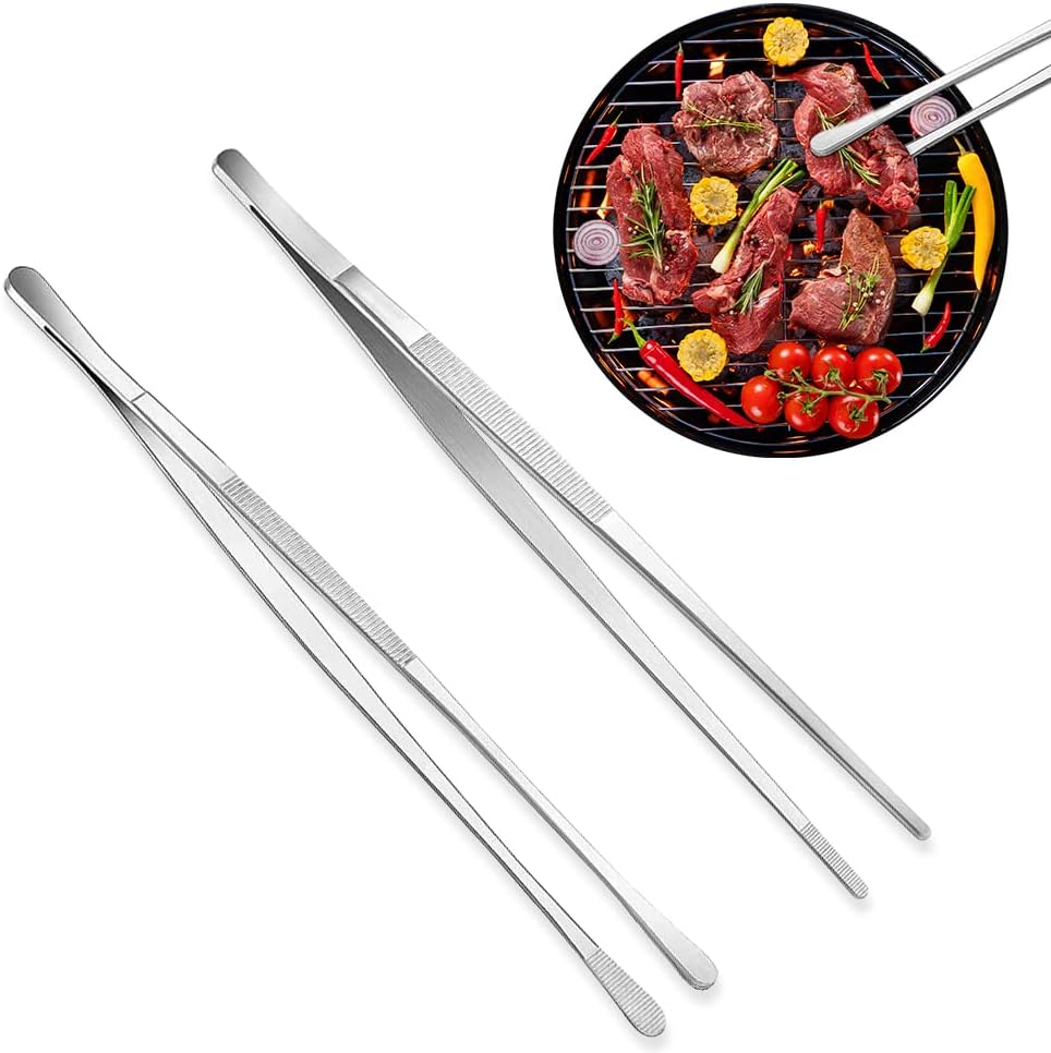 Kitchen Tongs, 2 Pieces BBQ Tongs with Serrated Tips, Kitchen Tongs, Stainless Steel, Long Tong, Professional Multi-Function, Straight Precision Tongs for Meats, Pasta Lining