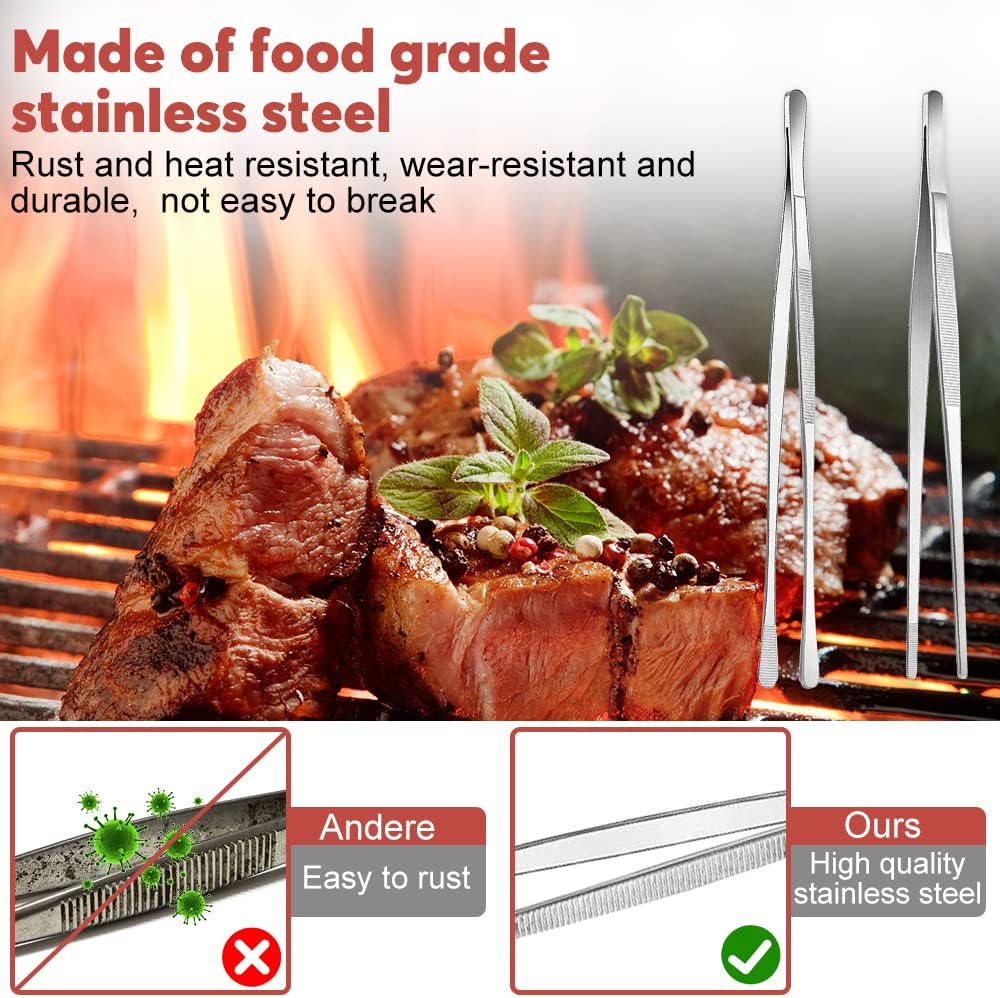 Kitchen Tongs, 2 Pieces BBQ Tongs with Serrated Tips, Kitchen Tongs, Stainless Steel, Long Tong, Professional Multi-Function, Straight Precision Tongs for Meats, Pasta Lining