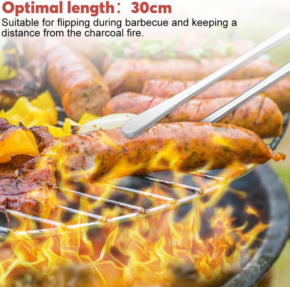 Kitchen Tongs, 2 Pieces BBQ Tongs with Serrated Tips, Kitchen Tongs, Stainless Steel, Long Tong, Professional Multi-Function, Straight Precision Tongs for Meats, Pasta Lining