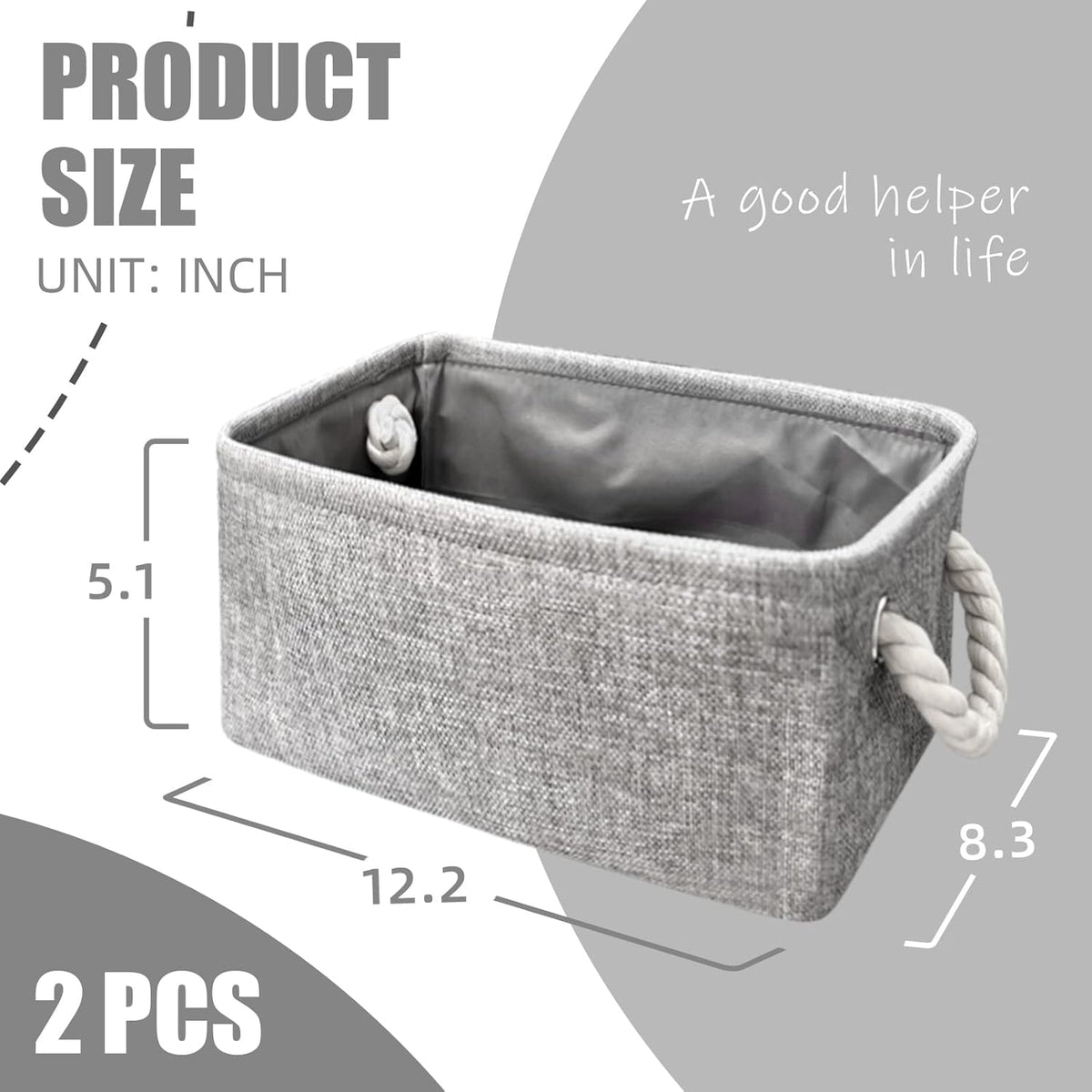 Organizing Fabric Storage Basket Box for Shelves, Nursery, Decorative Baskets(Solid Grey-2 Pack, Small-12.2 * 8.3 * 5.1inches)