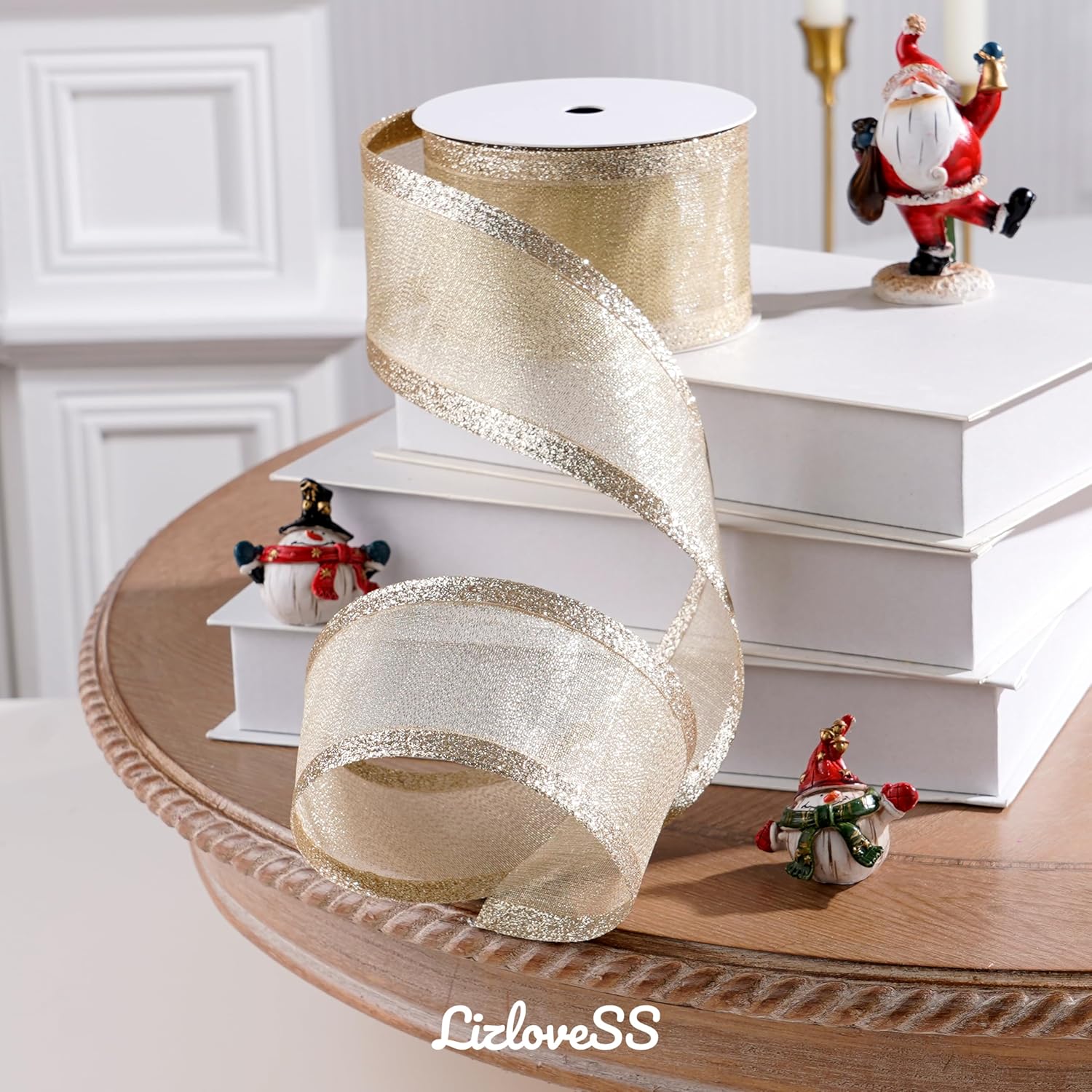 Champagne Christmas Ribbon Wired 2.5 Inch Champagne Gold Metallic Wired Ribbon with Glitter Stripe, Ribbon for Christmas Tree, Wreaths Supplies, Swag, Garland, Holiday Decor - 10 Yards