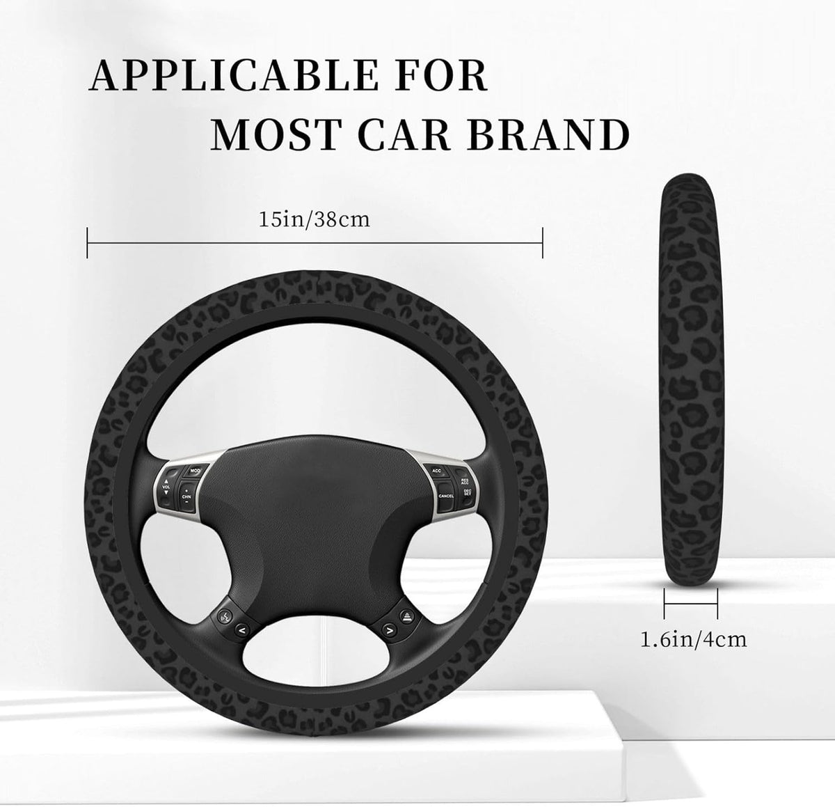 Black Leopard Print Cheetah Elastic Steering Wheel Cover, Non-Slip Breathable Neoprene Steering Wheel Covers, Women Leopard Car Accessories, Universal 15 Inch Fit Auto, Suvs, Truck