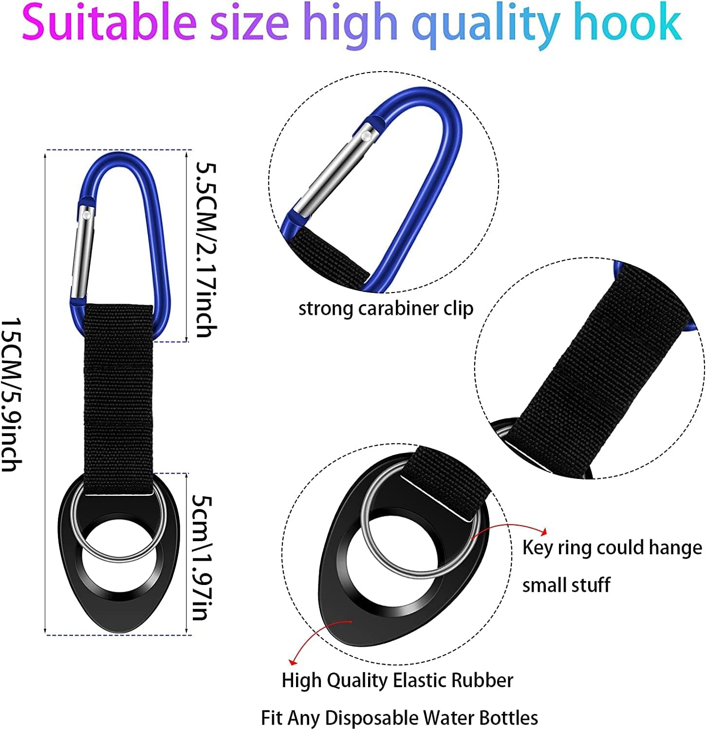 Durable Silicone Water Bottle Holder Hook Carrier with Carabiner Clip & Key Ring, Fits Any 12oz, 17oz and 25oz Water Bottles for Outdoor Activities Camping Hiking Traveling or Daily Use