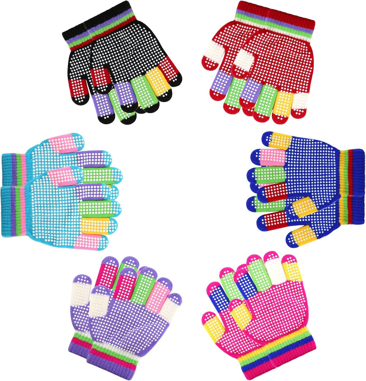 6 Pairs Kids Anti-Skid Magic Gloves, Multicolor Winter Warm Full Finger Mittens Stretchy Knitted Gloves for Kids Boys and Girls