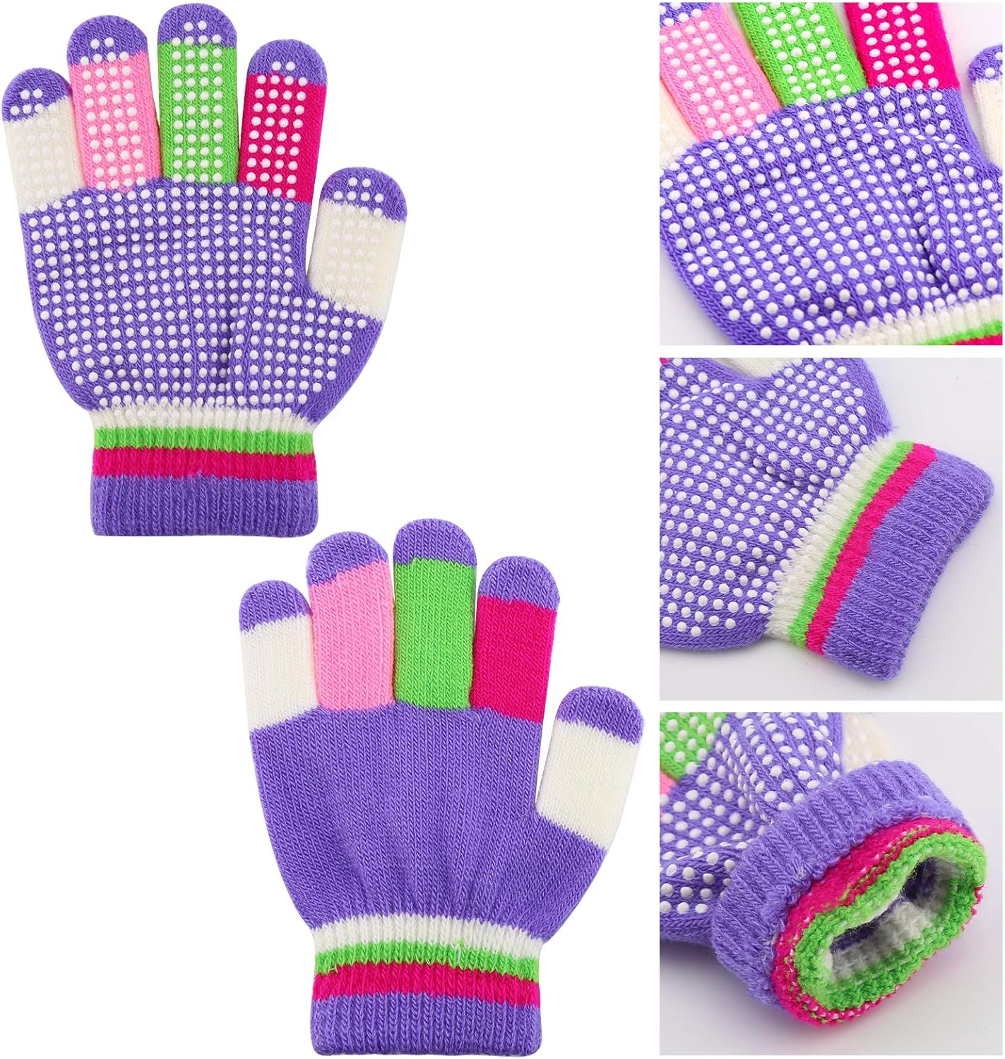 6 Pairs Kids Anti-Skid Magic Gloves, Multicolor Winter Warm Full Finger Mittens Stretchy Knitted Gloves for Kids Boys and Girls